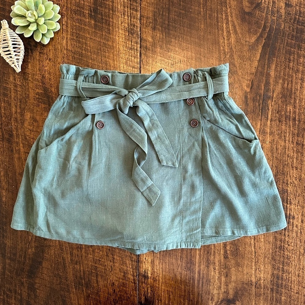 Mustard Seed | Sage Green Paper Bag Waist Faux Wrap Skort with Tie Belt
